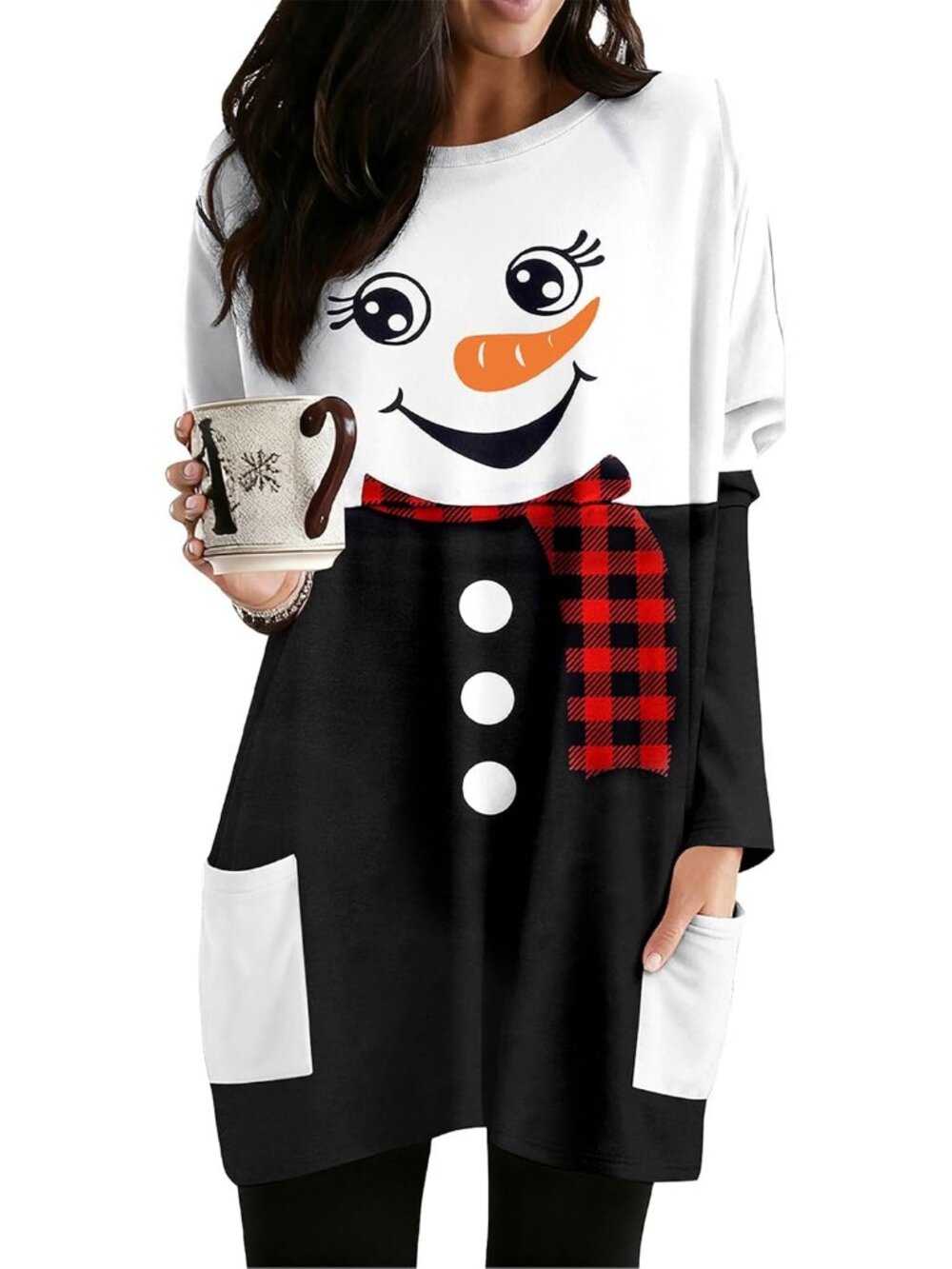 Women's Black White Christmas Long Sleeve Tops Santa Printed Pockets Shirt Dress